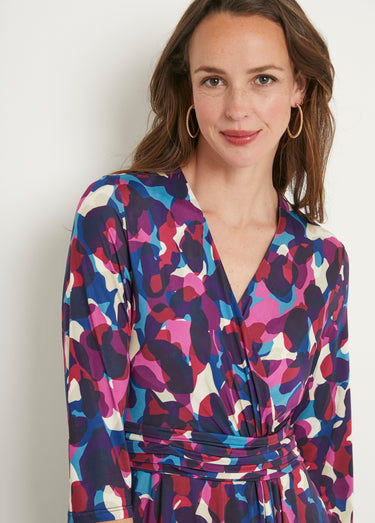 Robe cache-coeur courte évasée maille imprimée Rose / Bleu