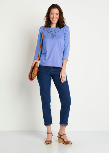 T-shirt court brodé manches 3/4 Bleu