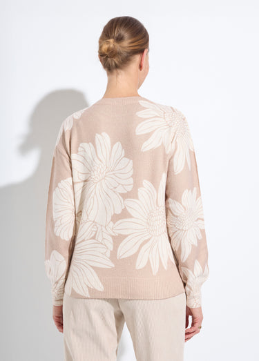 Pull fin imprimé fleurs sequins col rond Beige