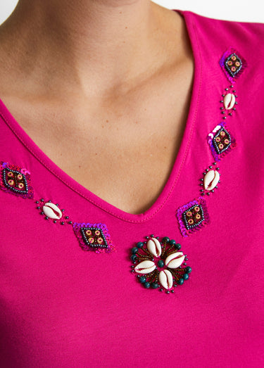 Tee-shirt long col V bijou Fuchsia