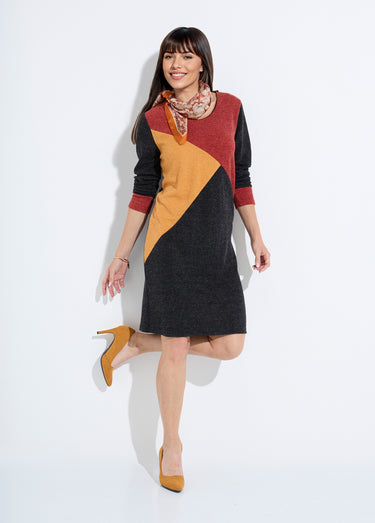 Robe courte droite maille chaude col rond Noir/Jaune