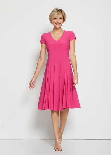 Robe mi-longue évasée col V Uni Fuchsia