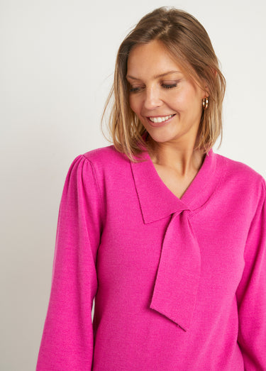 Pull fin col cravate mélange laine Fuchsia
