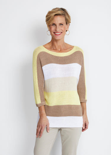 Pull rayé manches 3/4 point mousse Jaune/Dore