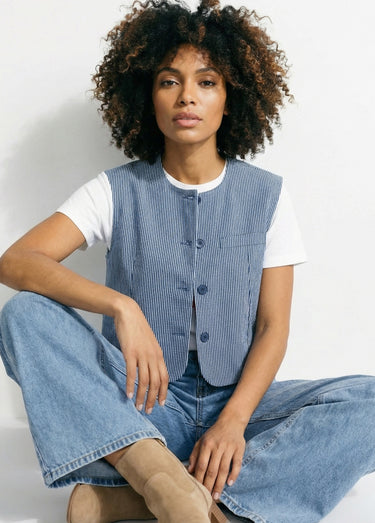 Gilet court sans manches en twill rayé Raye Bleu