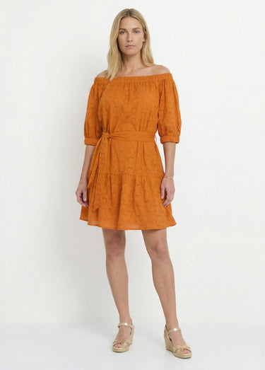 Robe courte col Bardot broderie anglaise Orange