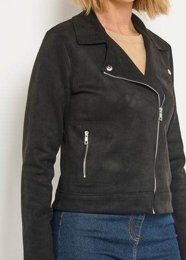 Veste motard zippée courte en suédine Noir