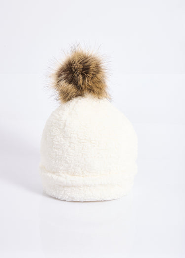 Bonnet polaire uni façon sherpa + pompon Blanc