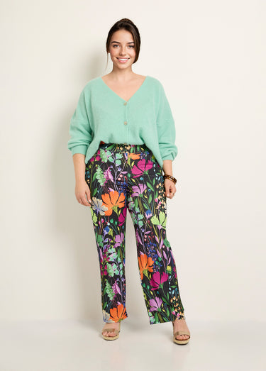 Pantalon fluide stretch, fleuri poétique Imprime Fond Noir