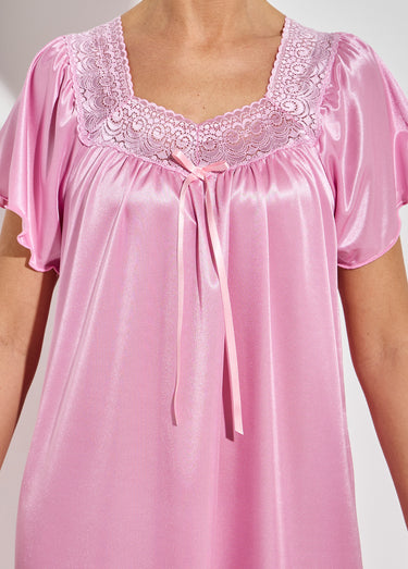 Chemise de nuit satinée longue antistatique dentelle Rose