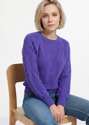 Pull doux court col rond uni ajouré Violet