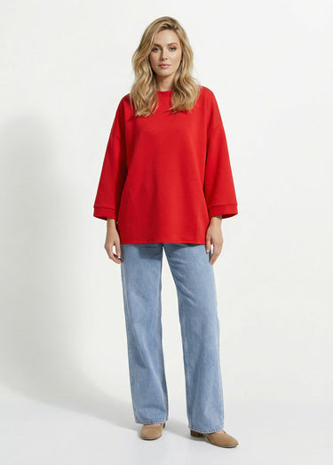 Sweat shirt large col rond, manches 3/4 Rouge