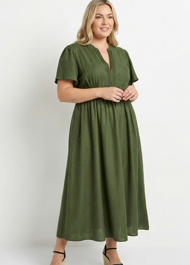 Robe longue surpiqures encolure + taille Kaki