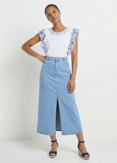 Jupe droite longue en jean 4 poches Bleached