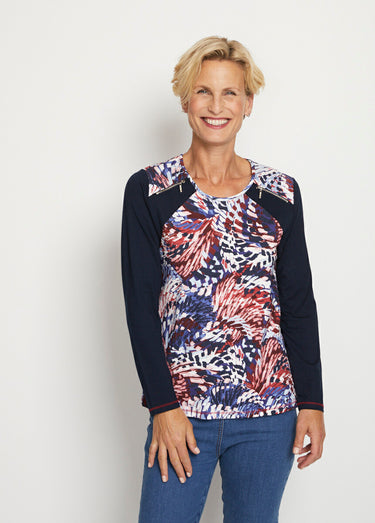 T-shirt uni imprimé manches longues Bleu / Rouge
