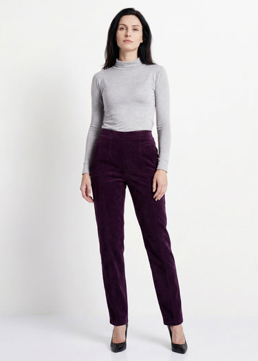 Pantalon droit taille élastiquée velours milleraies Prune