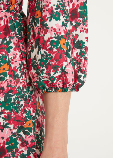 Robe courte évasée fleurie col V boutonné Rose/Vert