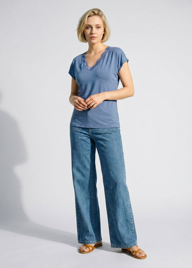 T-shirt court extensible dentelle Bleu Orage