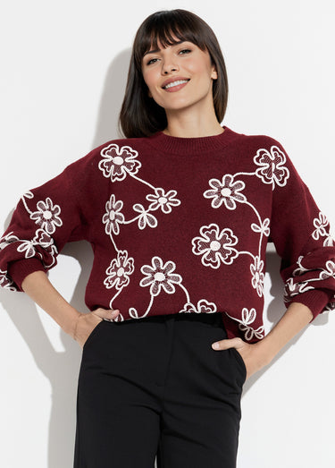 Pull montant application fleurs brodées Bordeaux