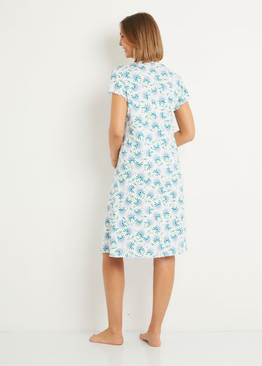 Chemise de nuit coton fleuri dentelle mi longue Bleu