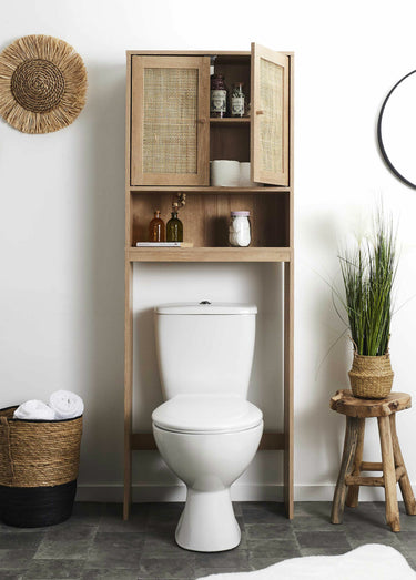 Meuble rangement WC, en bois et cannage Marron