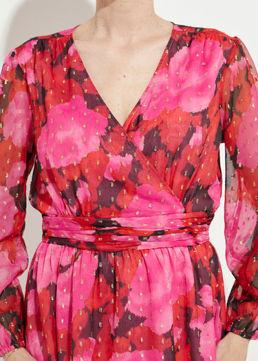 Robe cache-coeur courte voile imprimé motifs dorés Rouge/Noir