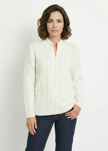 Gilet zippé chaud col montant torsades Ecru