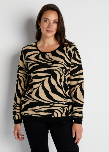 Pull doux jacquard zèbre col rond Beige/Noir