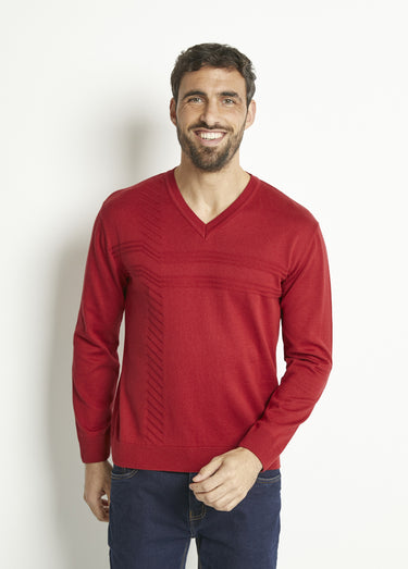Pull col V manches longues coton Bordeaux