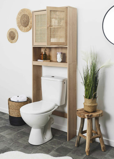Meuble rangement WC, en bois et cannage Marron