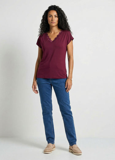 T-shirt court extensible dentelle Prune