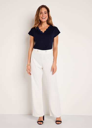 Pantalon large uni taille semi élastiquée Blanc