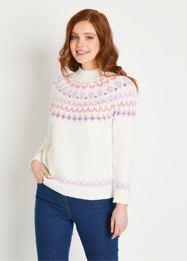 Pull chaud court col montant jacquard soleil Ecru/Rose