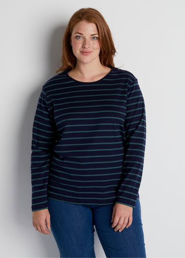 T-shirt marinière court coton manches longues Marine/Vert