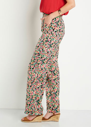 Pantalon taille semi-élastiquée satin fleuri Vert/Rose