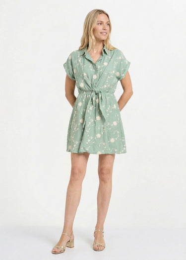 Robe courte taille nouée, fleurs brodées Vert Tilleul