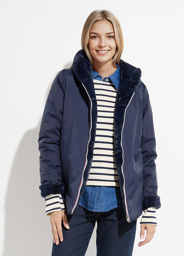 Blouson déperlant / fourrure, réversible Marine