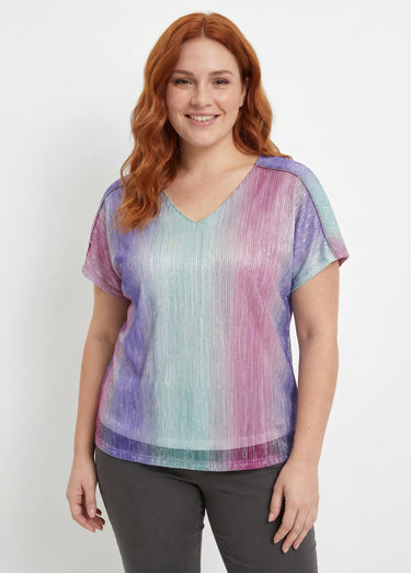 T-shirt court brillant col V effet plissé Rose/Aqua