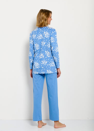 Pyjama col V boutonné coton manches longues Bleu