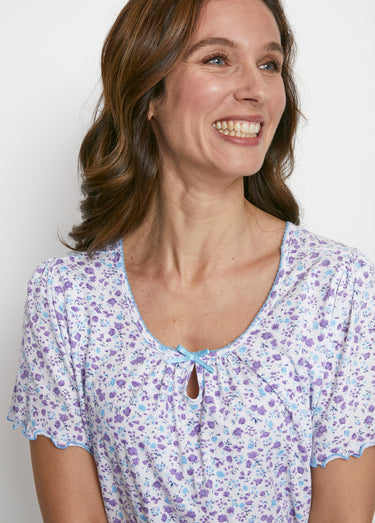 Chemise de nuit mi-longue manches courtes Lilas/Bleu