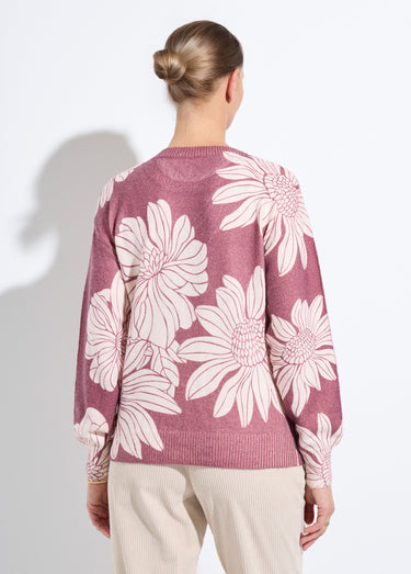 Pull fin imprimé fleurs sequins col rond Grenat
