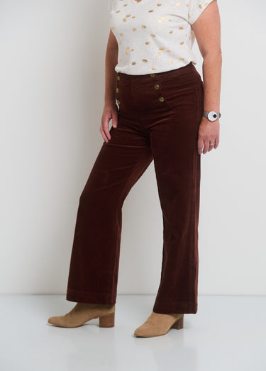 Pantalon à pont en velours coupe flare Marron