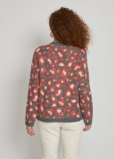 Gilet court boutonné jacquard léopard Gris/Tomette