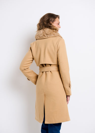 Manteau col fausse fourrure toucher laineux Beige