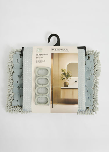 Set 3 pièces bain, Rideau + 2 Tapis Gris Clair