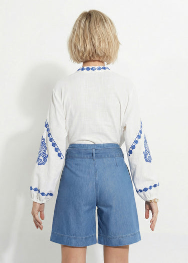 Tunique coton brodé sequins manches 3/4 Blanc/Bleu