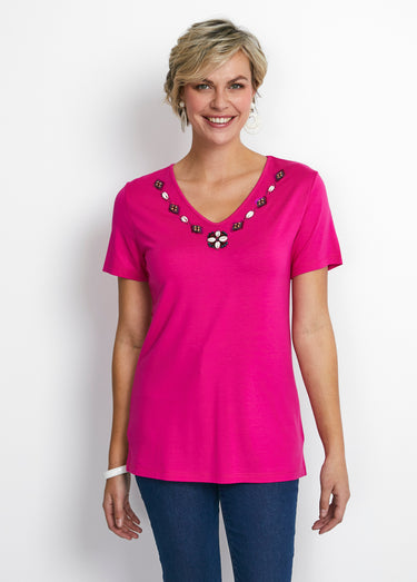 Tee-shirt long col V bijou Fuchsia