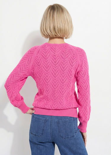 Pull doux court col rond uni ajouré Rose