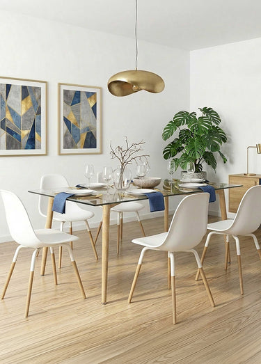 Table à manger plateau verre, pieds effet bois Blanc