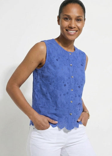 Débardeur boutonné broderie anglaise coton Bleu
